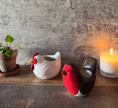 Vintage Keramik Huhn & Rotkehlchen Übertopf Set Vogel Töpfe Cottagecore Dekor