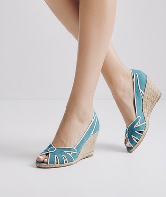 Beacon Women Sz 9W Vintage Canvas Turquoise Open-Toe Espadrille Wedge Heels