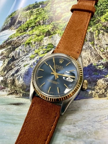 Mens Rolex Datejust Gold Stainless Steel Blue Dial 36mm Watch 16013