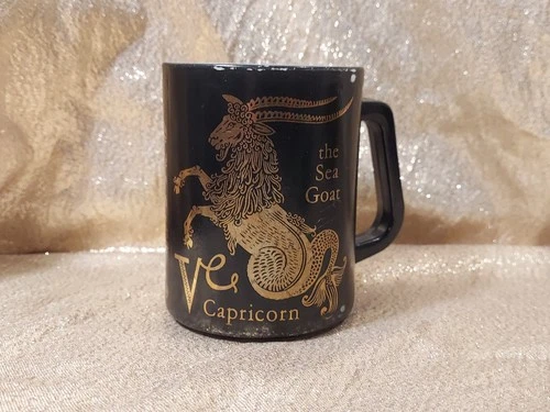 Vintage Federal Glass Zodiac Mug Black Gold Milk Glass 70s Capricorn Sea Goat