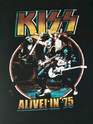 KISS Alive in 75 Black Graphic T-Shirt Men's Medium M 38/40 Rock Band Music Tee
