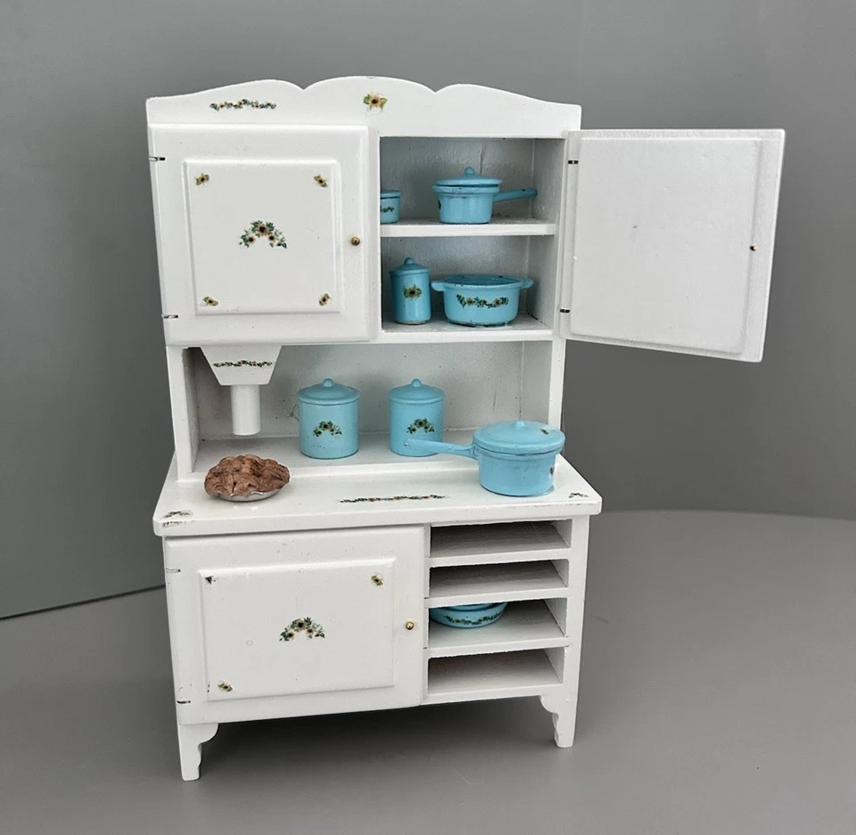 Dollhouse Miniature White Farmhouse Hoosier Cabinet Blue Pots Pans Dishes & Pie - Image 2 of 4