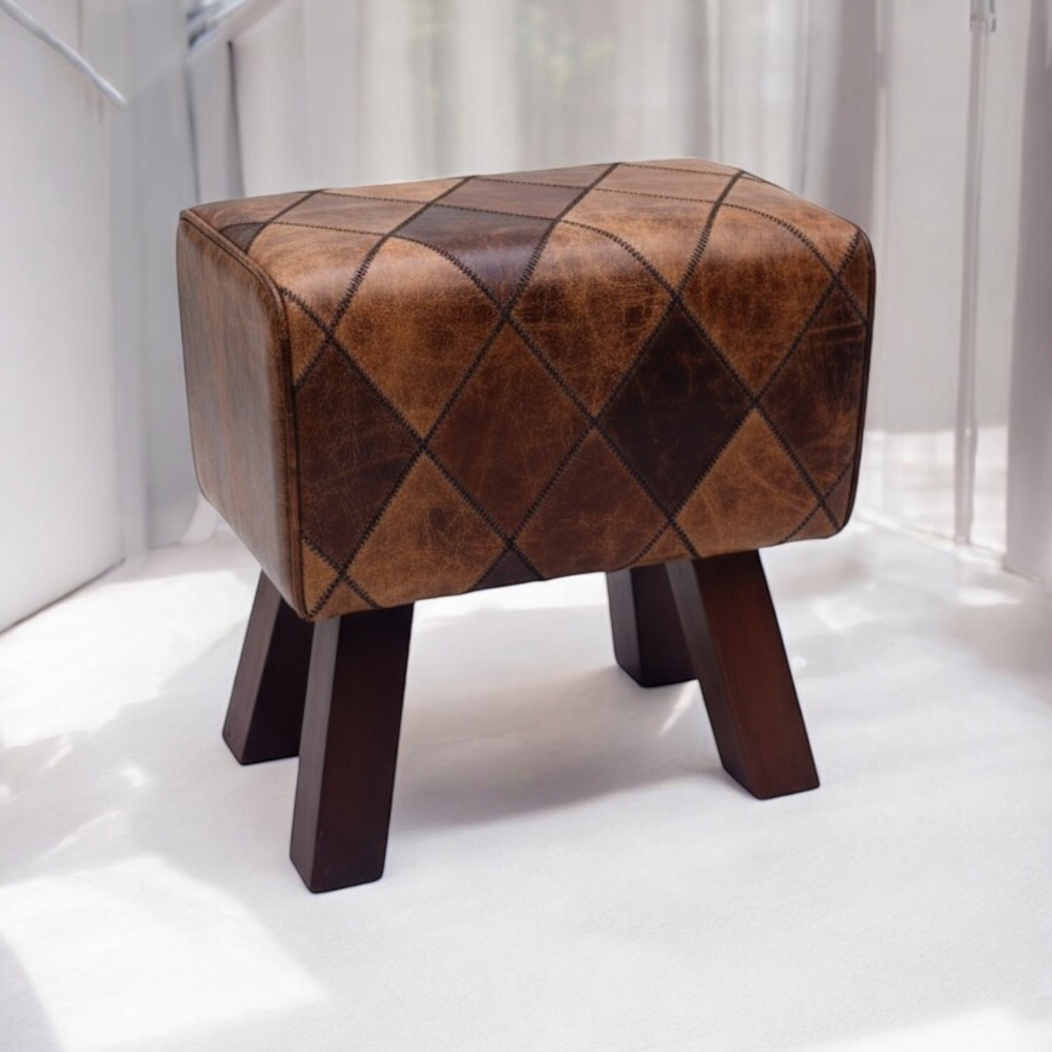Vintage Brown Tan Leather Stool / Footstool Wood Legs Pommel Horse Style Retro