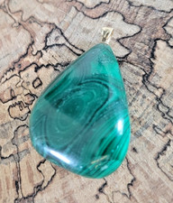 Large Natural Malachite Green Gemstone Necklace Pendant w/ 14K Yellow Gold