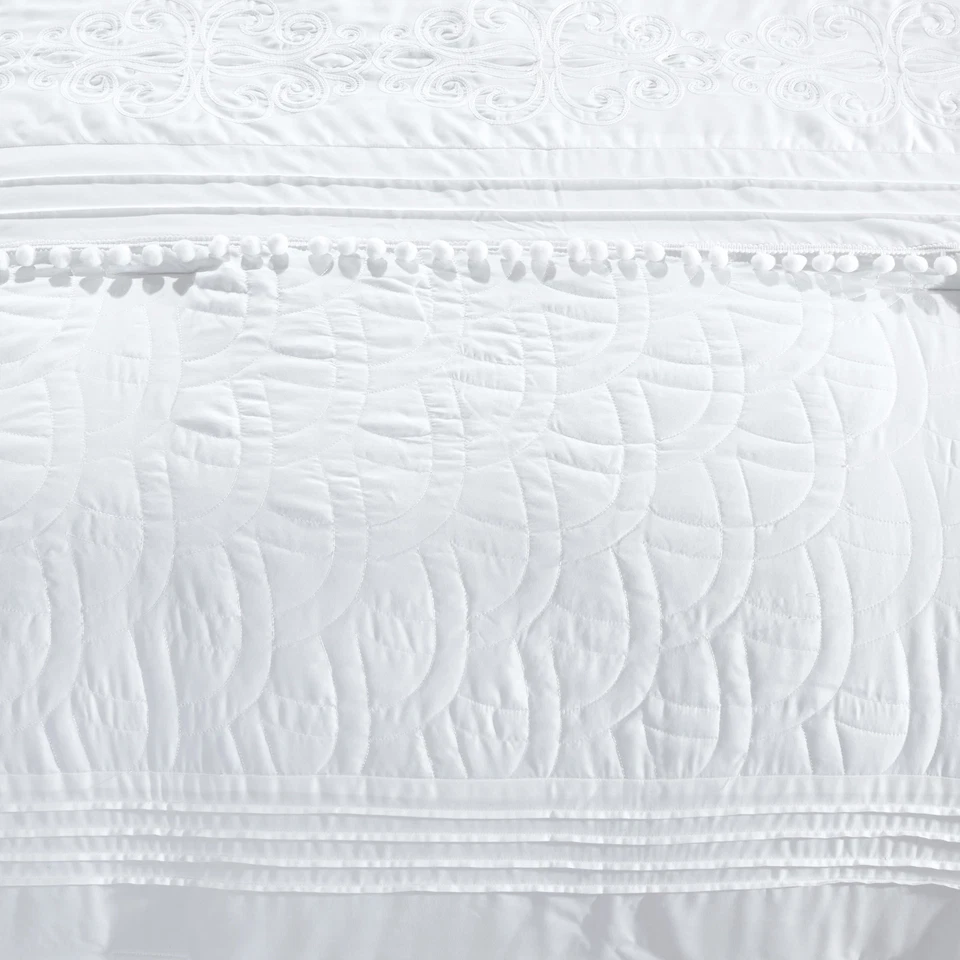 7-Piece White Shabby Chic Floral Geometric Embroidered Pom Pom Comforter Set - Image 3 of 4