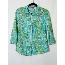 JCP Women's BOHO Hippie Blue Green Paisley Silk Blend Button Down Top Size S