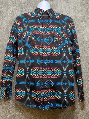 Rock & Roll Cowboy Mens Medium Black Pearl Snap Shirt Long Sleeve Western Aztec