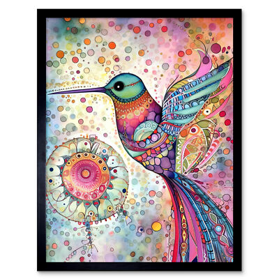 Kolibri Mandala Muster bunte Volkskunst gerahmtes Kunstbild Druck 9 x 7 Zoll