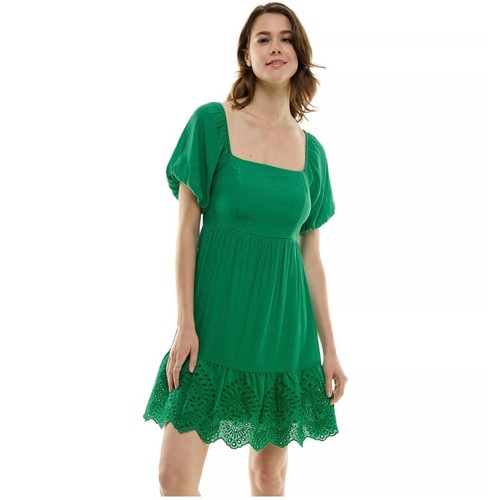 Mini abito verde occhiello 3XL manica a sbuffo orlo balza stile boho estivo skater - Foto 12 di 14