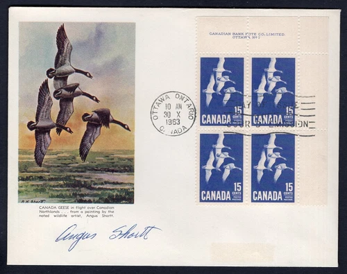 Canada 1963 FDC Cover. 15c Goose Plate Block. Cachet by Angus Shortt, SIGNED
