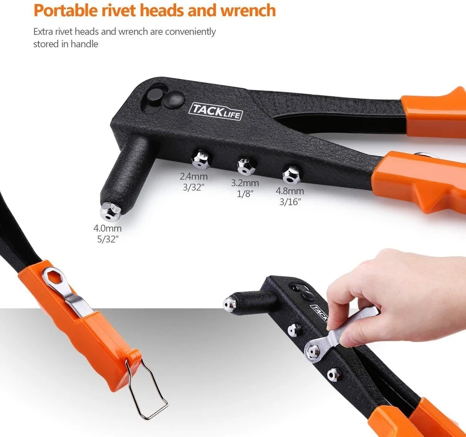 Single Hand Riveter + 40 Rivets Set 4 Heads 2.4 3.2 4.0 4.8mm Rivet Gun TACKLIFE - Image 2 of 4