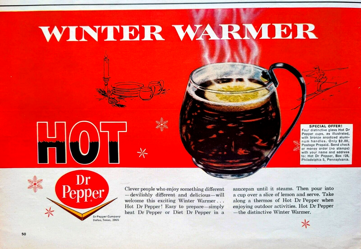 RARE! 1965 1960s HOT DR PEPPER Winter Warmer Soda = Print AD 10 X