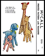McCall 1215 Stuffed Animals Craft Fabric Sewing Pattern Giraffe Lamb Vintage 50s