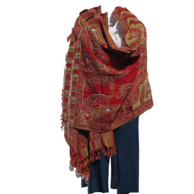 Shawl | Embroidery | Yak + Sheep Wool Blend | Stitched| Handmade | Red & Amber