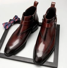 Handmade Mens Brown side zipper Rock style ankle boots, Men leather dress boots