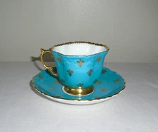 Aynsley Turquoise Gold Fleur De Lis Teacup Cup Saucer Vintage English Bone China