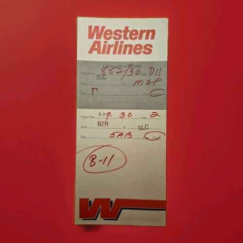 Western Airlines Ticket Jacket BZN-SLC-MSP 3-30-87 Good Condition Used Vintage 
