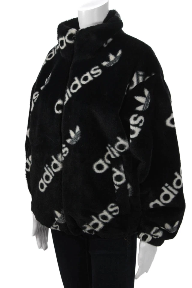 Adidas Women Bomber Jacket Black High Neck Zip Graphic Print Polyester Size S - Image 2 of 4