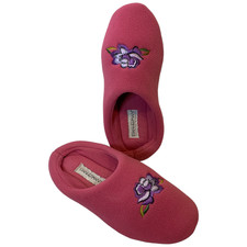Stan Herman Fleece Clog Slippers w/Rose Embroidery EUC PINK MED 6-1/2-7-1/2