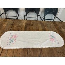 Vintage white linen table, dresser runner  with hand embroidered roses flowers