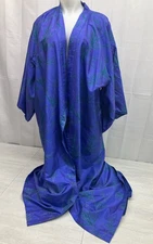 Shinawatra Thai 100% Silk Robe Caftan Kaftan Kimono Blue Pink Bamboo Print OS