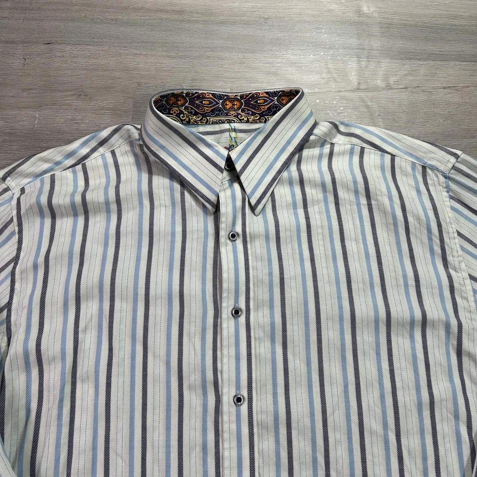 Camisa Robert Graham Para Hombres 2XL Azul Blanco Rayas Manga Larga Botones Paisley Foto 3 de 4