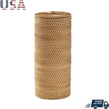 Rattan Floor Standing Toilet Paper Holder W/ Lid Bath Storage Organizer Holder