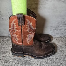 Ariat WorkHog 10007837 Brown Leather Pull On Western Boots Shoes Youth US 3.5