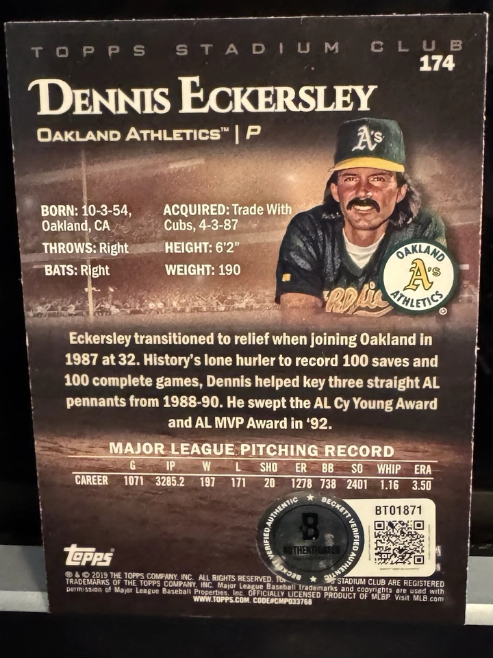 DENNIS ECKERSLEY 2019 Topps Stadium Club Signed Auto Autograph BAS Beckett COA - Image 2 of 2