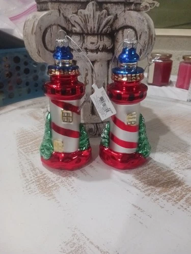 Hand Blown Glass Lighthouse Ornament Nwt Set Of 2