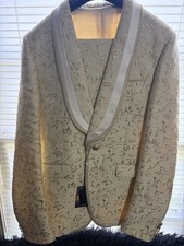 Biarelli Ivory/Gold Floral One-Button Tuxedo Jacket Blazer, Size L Regular