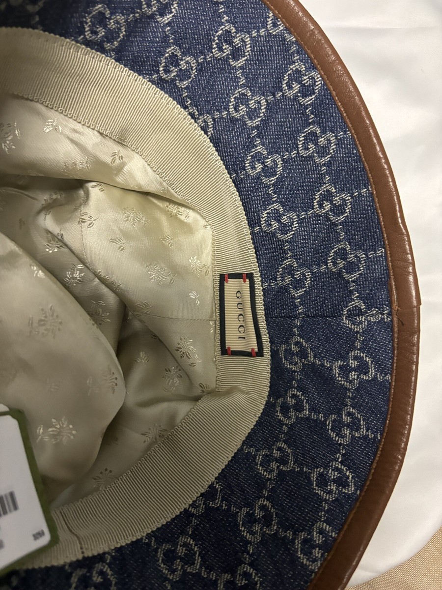 Authentic Gucci GG Size L Denim Nappa Leather Trim Bucket