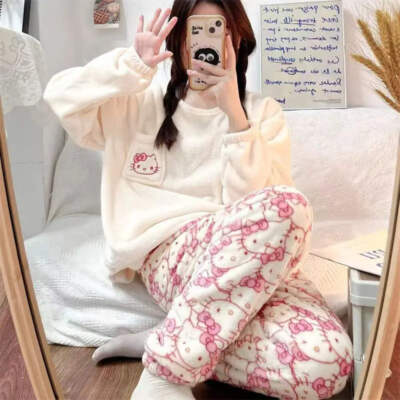 Hello Kitty Schlafanzug Damen warm Cartoon koralle Fleece süß süß Loungewear Set