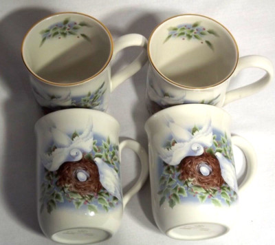 Coffee Mug Dove White Nesting Tea Japan Gold Rim Home Decor 8 oz 4 pc Lot