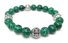 Handmade 10mm Malachite  Sterling Silver Beaded Bracelet Green Gemstone Jewely