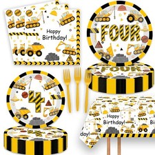 51 Pcs Construction 4th Birthday Party Supplies Dump Truck Four Years Old Tab...