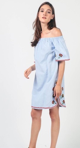 Zara Blue Off Shoulder Floral Embroidered Cotton Dress Boho XS - Picture 2 of 10