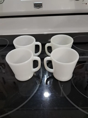 Anchor Hocking Glass Fire King White D Handle Mug Set Of 4 1970s Drinkware