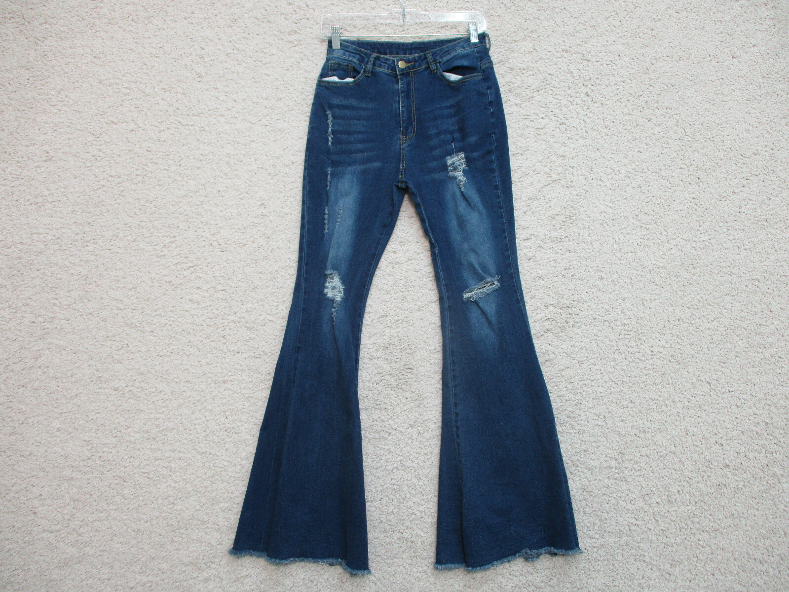 Casual Jeans Medium Adult Blue Denim Flared Distressed Raw Hem Dark Wash Womens