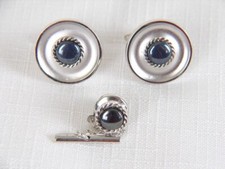 Vintage Anson Silver Tone Black Onyx Cufflink Tie Tac Set