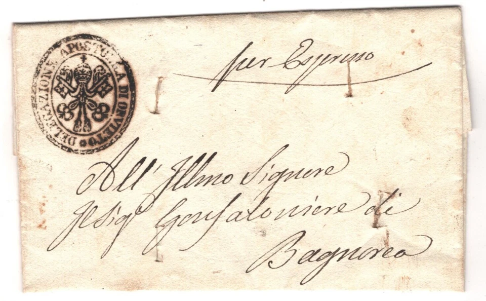 Italia ESTADOS PAPALES Cubierta *CORREO URGENTE DESINFECTADO* Orvieto 1837 LLAVE Cachet MA960 Foto 2 de 4