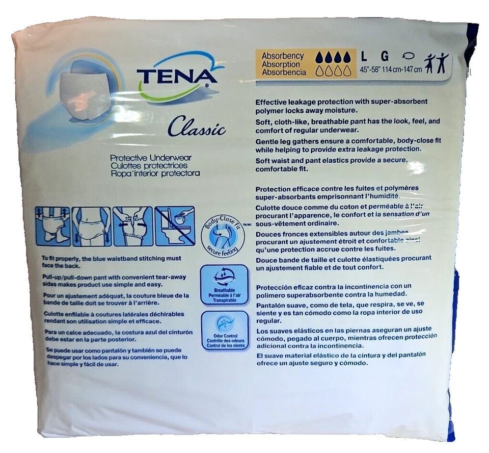 (Lote de 4) TENA Ropa Interior Protectora Clásica Desechable Grande 18 Ct x 4 = 72 Ct Foto 2 de 3