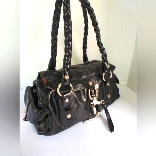 Black Leather Satchel Braided Handle Shoulder Bag Designer Style Purse