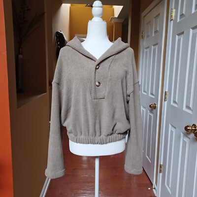 Free People Beach Sweater Womens S Beige Button Crop Pullover Plush Long Sleeves