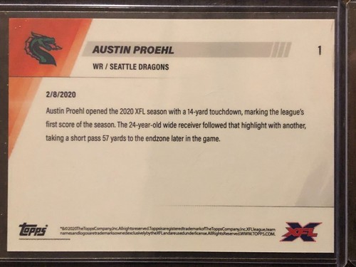 2020 Topps Now XFL #1 Austin Proehl Seattle Dragons - Picture 2 of 2