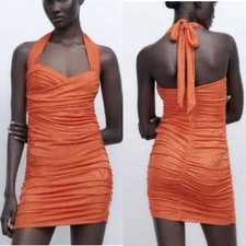 ZARA Ruched Halter Mini Dress Orange Jacquard Bodycon Draped 1349/246 Womens L