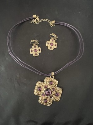 Gold Tone Purple Stone Cross Pendant Necklace & Clip Earrings Set