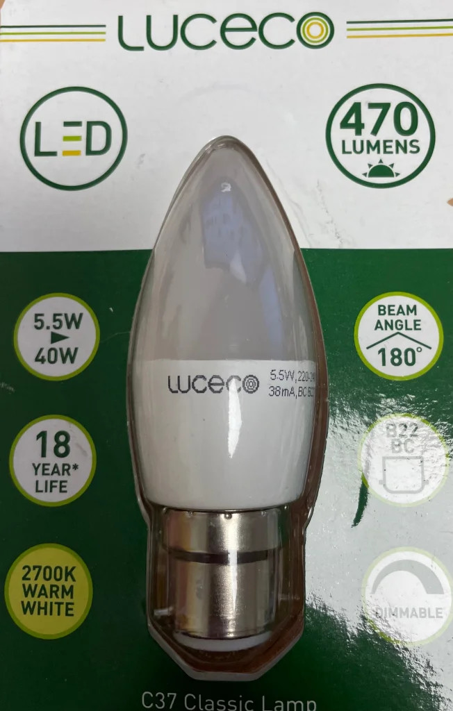 Light Bulb Frosted 5.5w Filament LED Candle Dimmable 2700K B22 470lm =40w Luceco