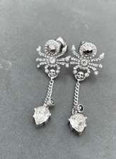 Alexander McQueen Spider Skull Dangle Studs Earrings Silver Tone
