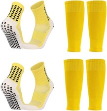 2 Set Kids Grip Soccer Socks with Shin Guard Sleeves, Anti-Slip 2 Set: Yellow
